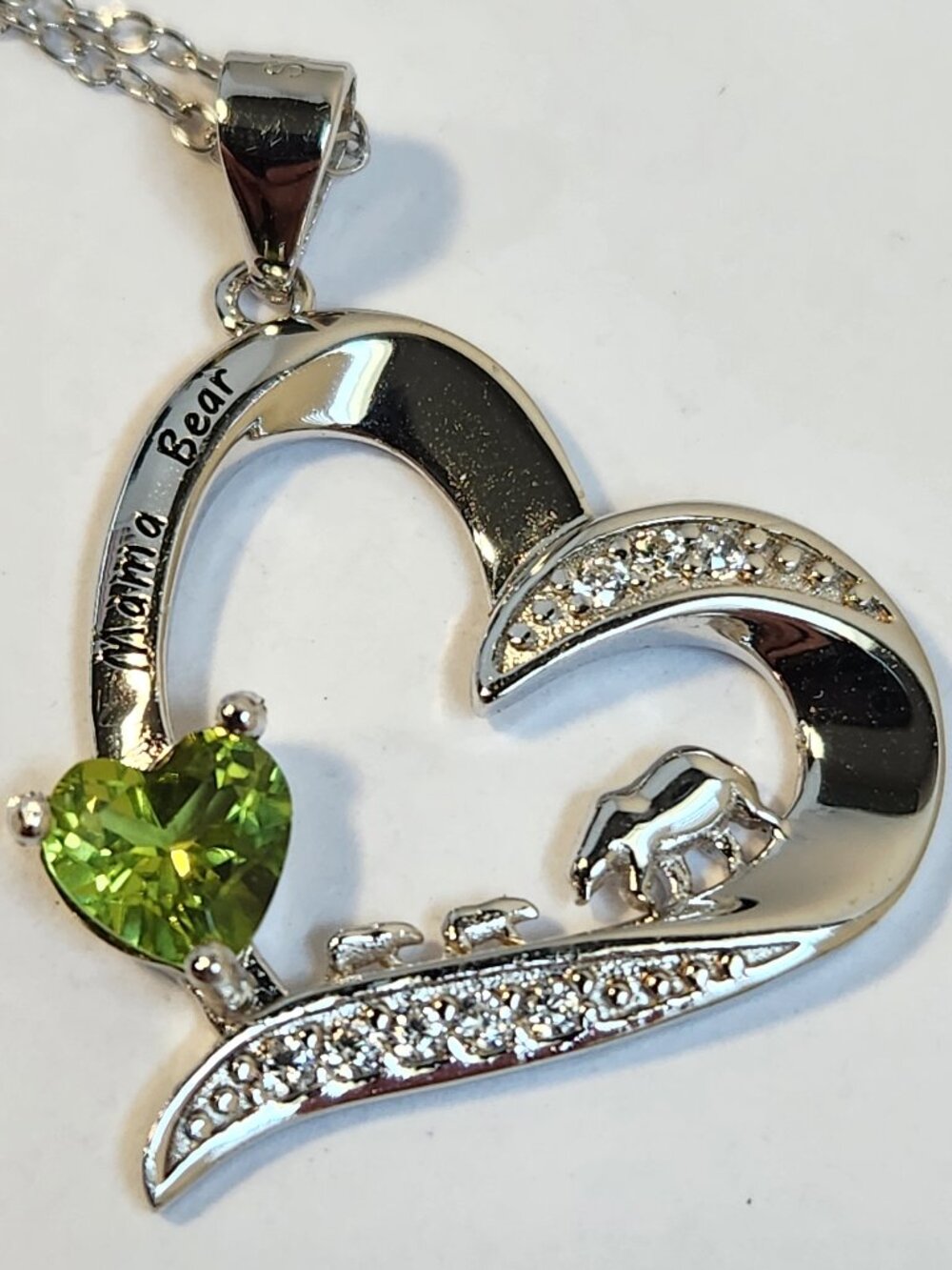 Natural Peridot Mama Bear Heart 18" 925 Sterling Silver Necklace NWOT
